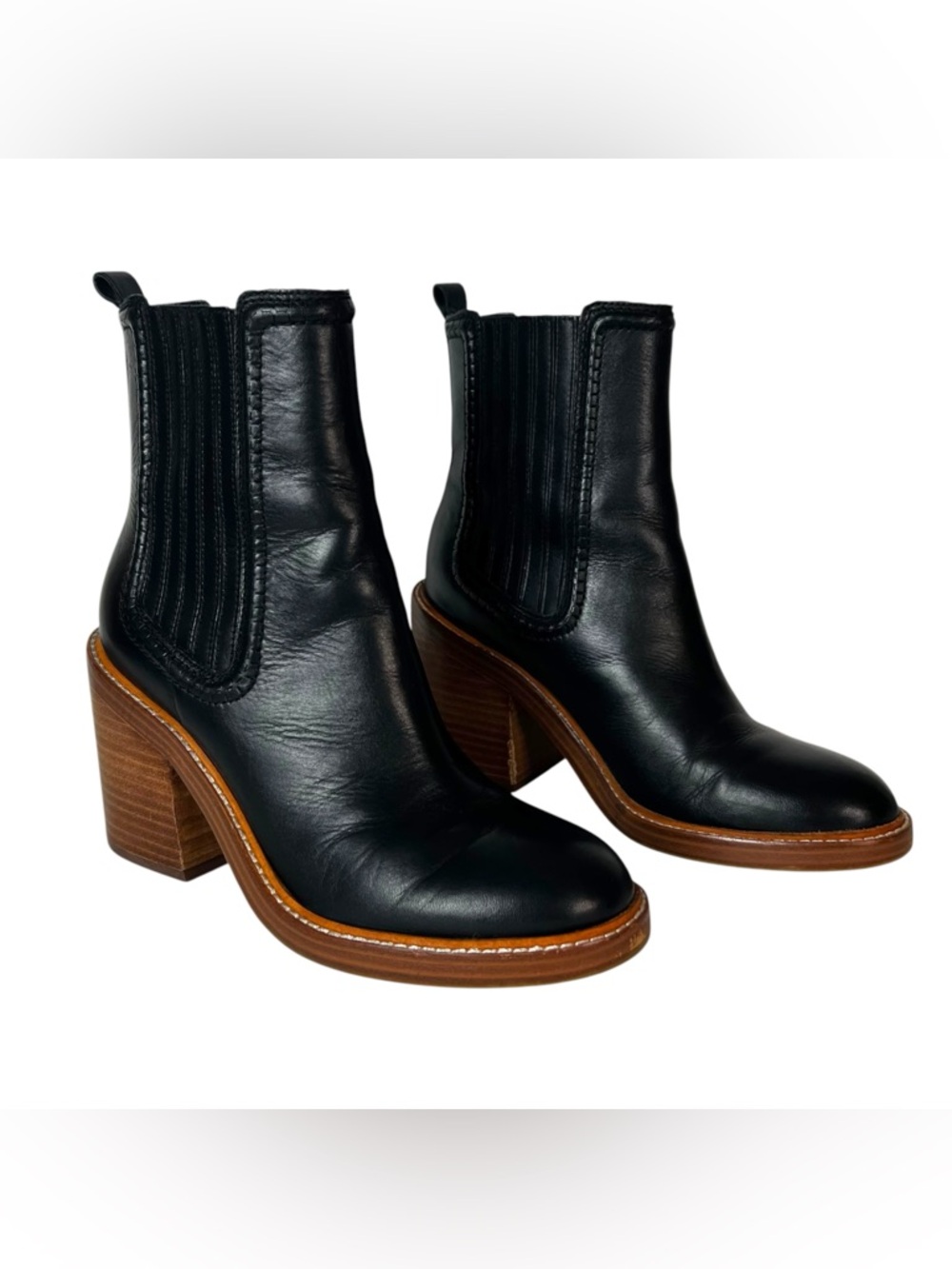 Marc Fisher Black Leather Chelsea Ankle Boots Block Heel Booties Size 7 Booties